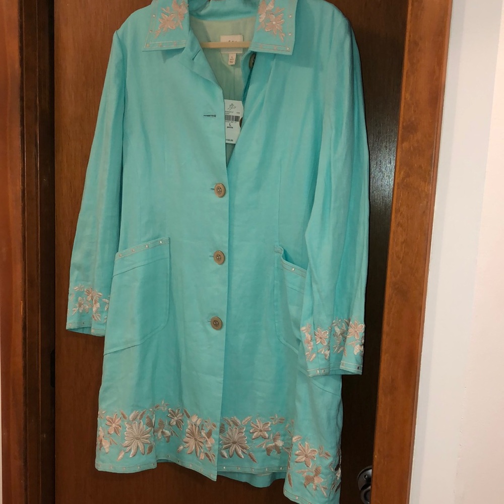 STUNNING J JILL NWT SEASIDE BLUE EMBROIDERED LINEN COAT LP